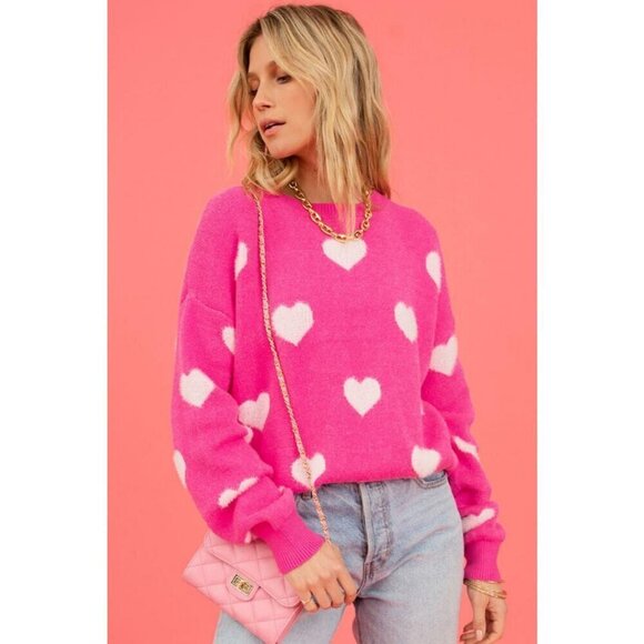 NWT CANDY Pink & White Heart Pink Pullover Sweater Knit - Picture 2 of 5